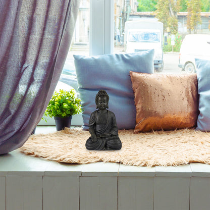 Relaxdays Buddha Ornament Sitting 30 cm high, Garden Decorative Figurine Weatherproof, Frost-proof, Dark Grey, Polyresin