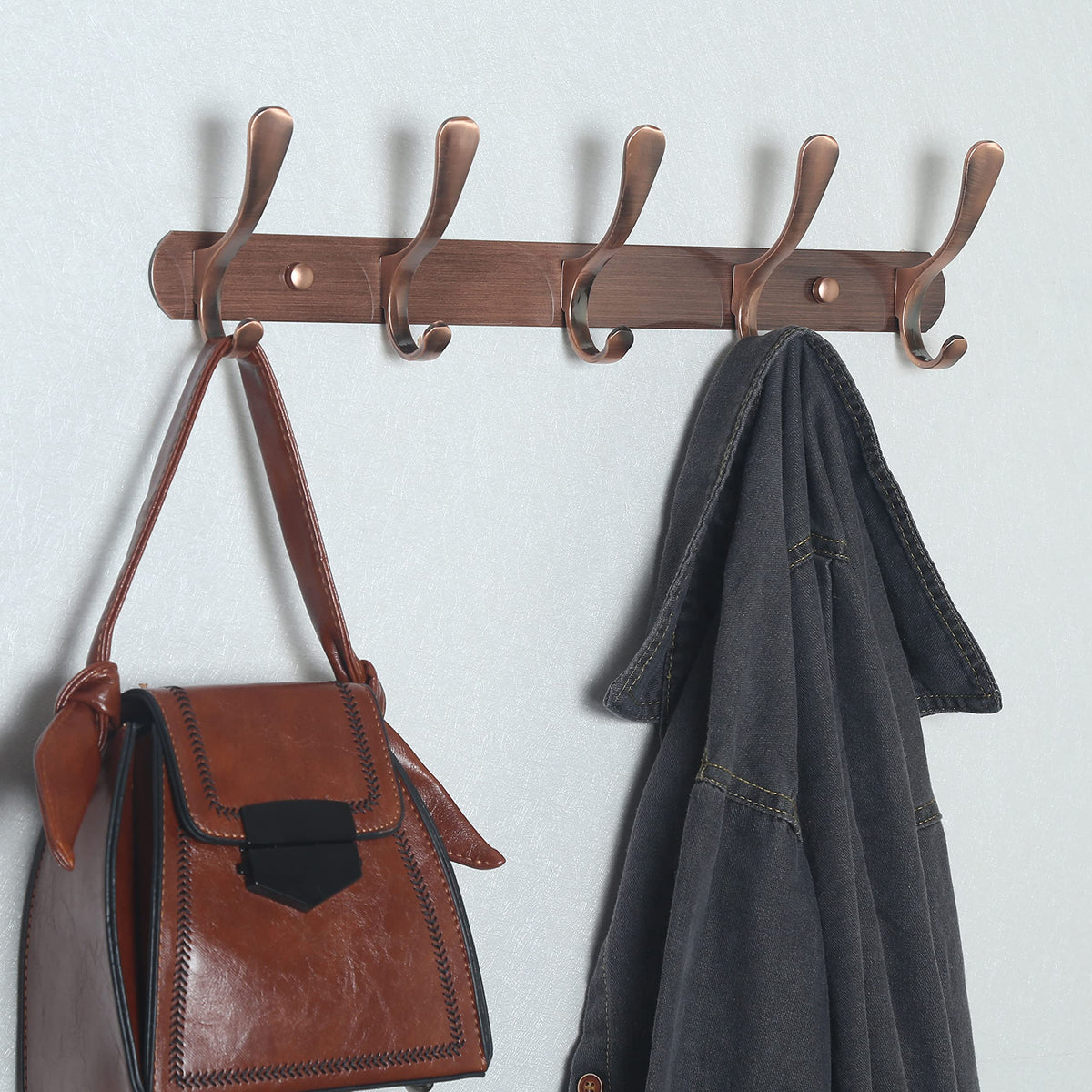 SKOLOO Coat Rack Wall Mount - Modern, Metal Wall Coat Rack with 5 Hooks, Pack of 2, Sturdy Wall Hook Rack Rail for Hanging Coat, Jacket, Clothes, Hat