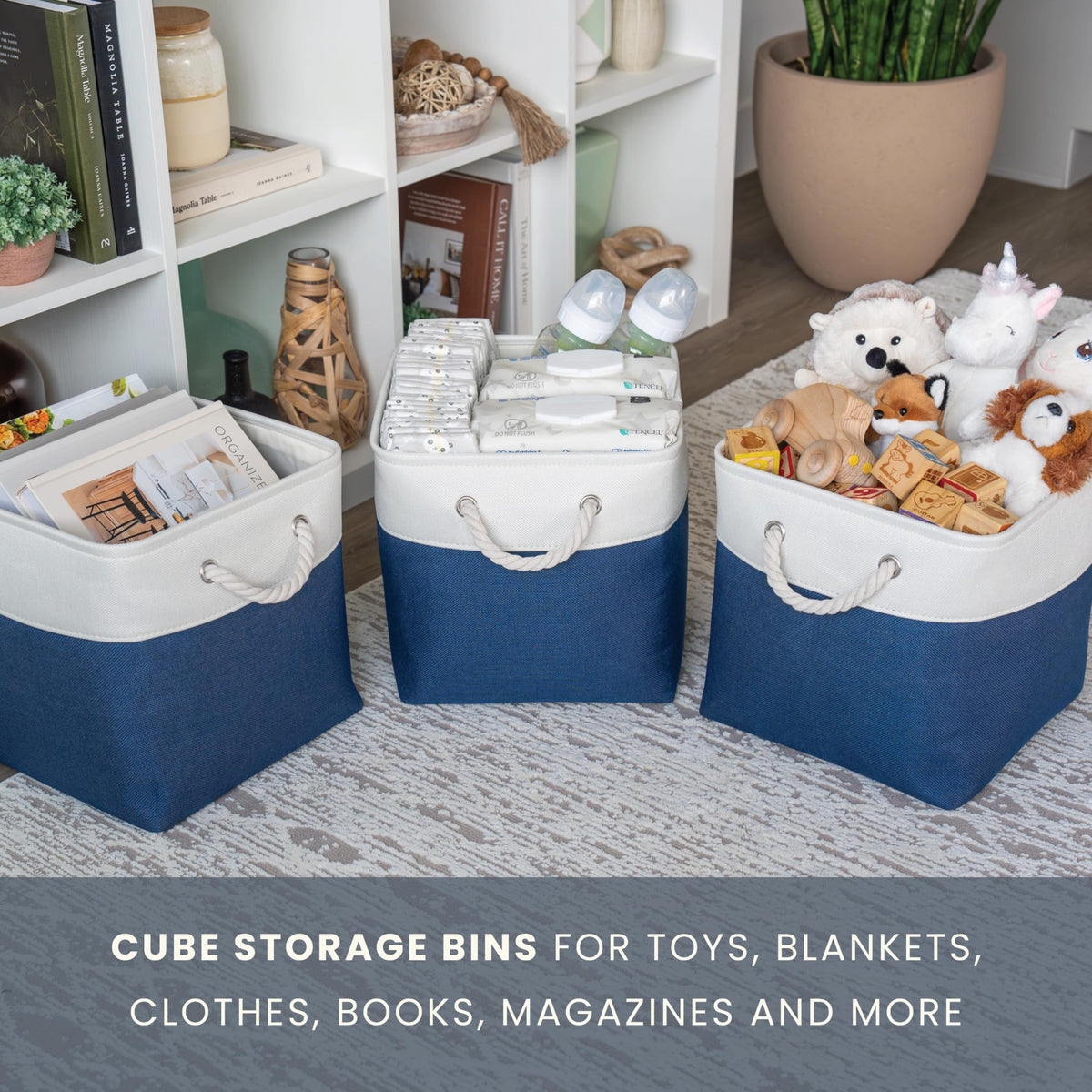 OrganiHaus Fabric Storage Boxes, Set of 3 Foldable 28x28 Cube Organiser Bins with Rope Handles for Shelves, Nursery & Closet