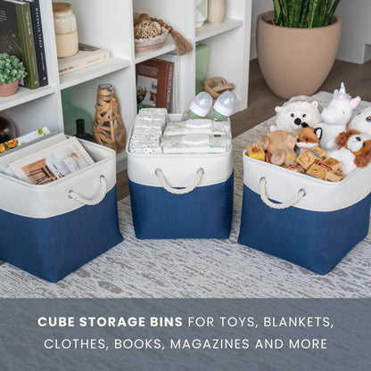 OrganiHaus Fabric Storage Boxes, Set of 3 Foldable 28x28 Cube Organiser Bins with Rope Handles for Shelves, Nursery & Closet