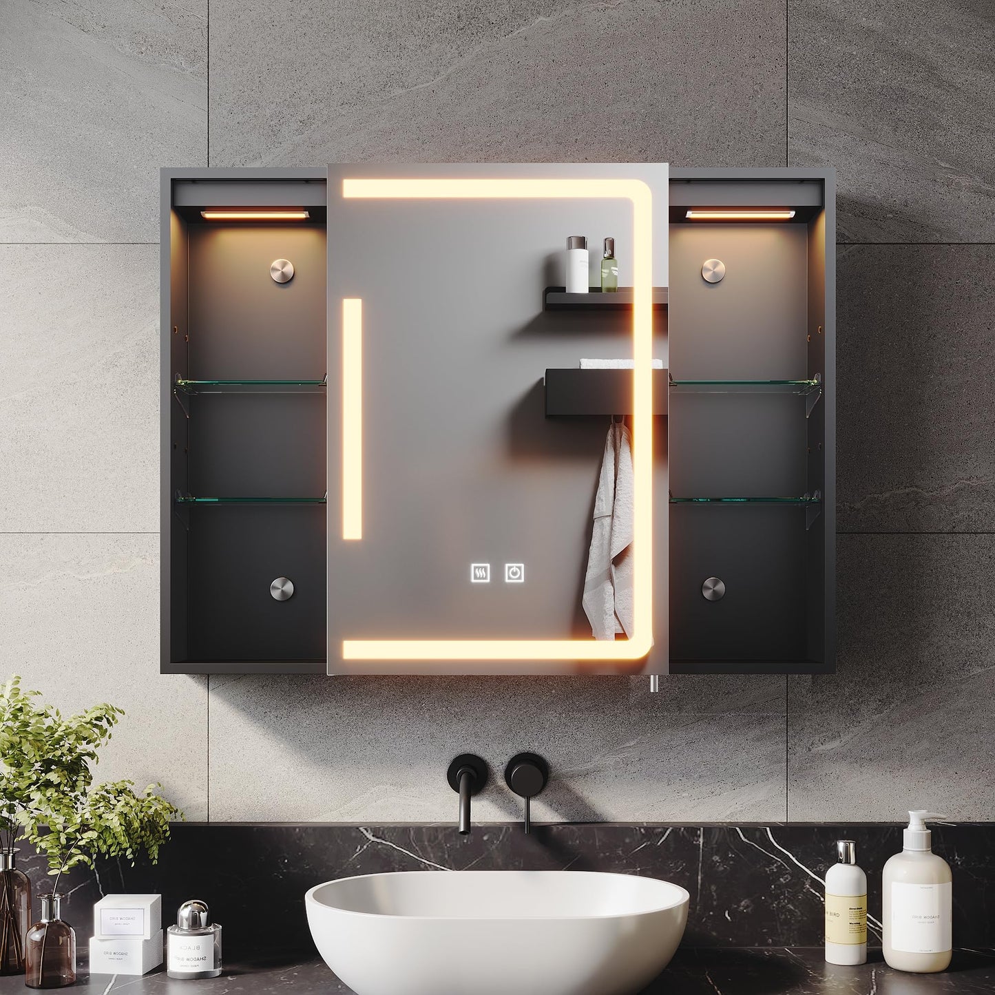 ELEGANT 800x600mm LED Bathroom Mirror Cabinet with Shaver Socket Black Mirrored Cabinet with Three-Color Infinitely Dimmable Wall Mounted Mirror