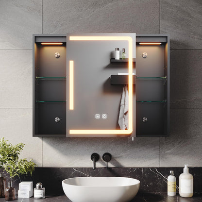 ELEGANT 800x600mm LED Bathroom Mirror Cabinet with Shaver Socket Black Mirrored Cabinet with Three-Color Infinitely Dimmable Wall Mounted Mirror