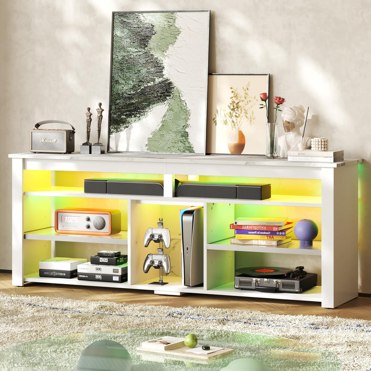 Bestier TV Stand for 70 inch TV, Tall Entertainment Center with 2 Led Lights, Gaming TV Console with Storage for PS5, Modern TV Cabinet for Bedroom