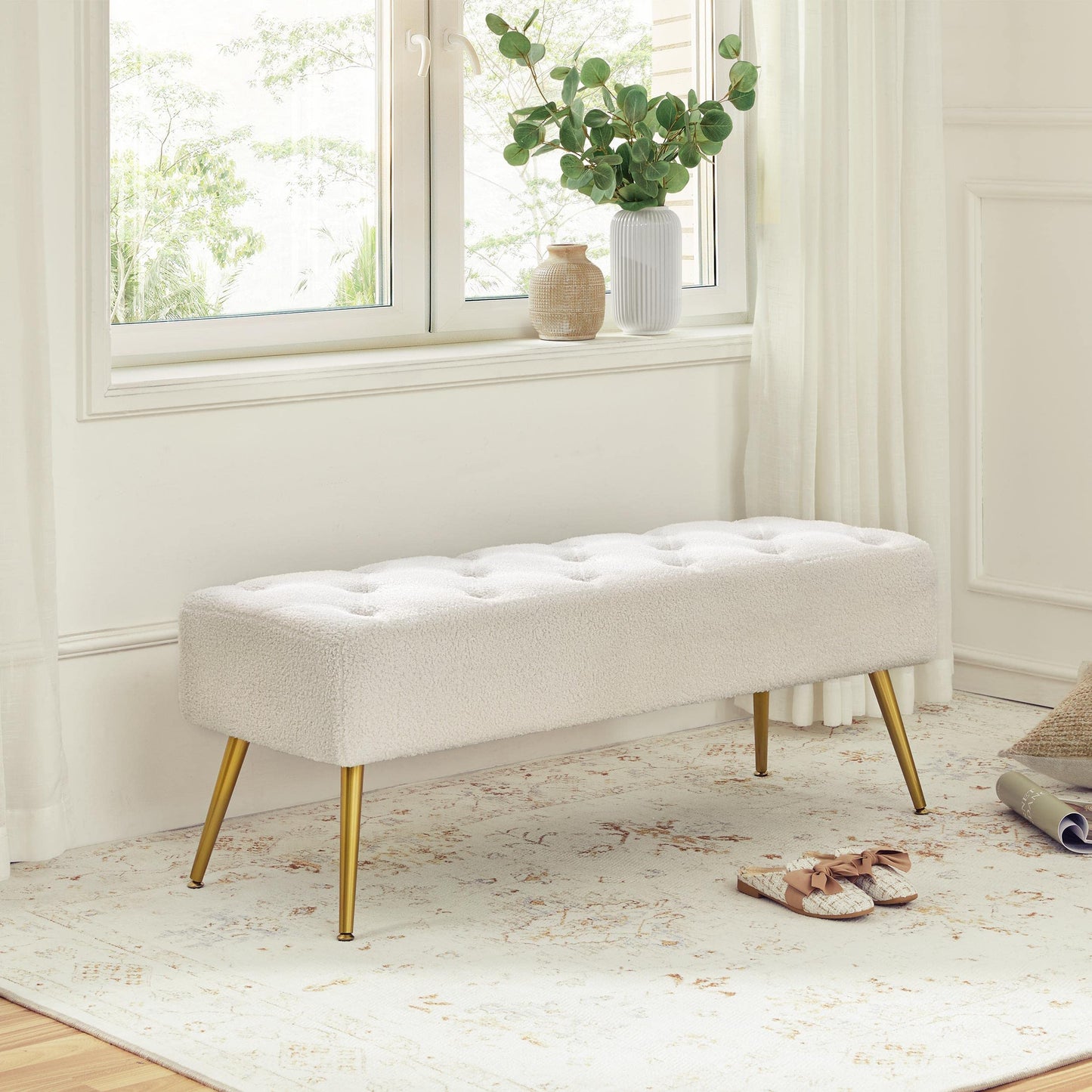 Yaheetech Modern Boucle Ottoman Footstool Bench with Gold Metal Legs, Ivory