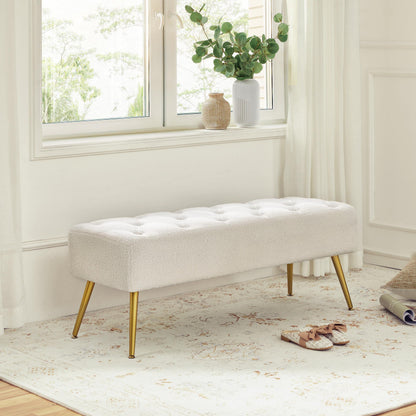 Yaheetech Modern Boucle Ottoman Footstool Bench with Gold Metal Legs, Ivory