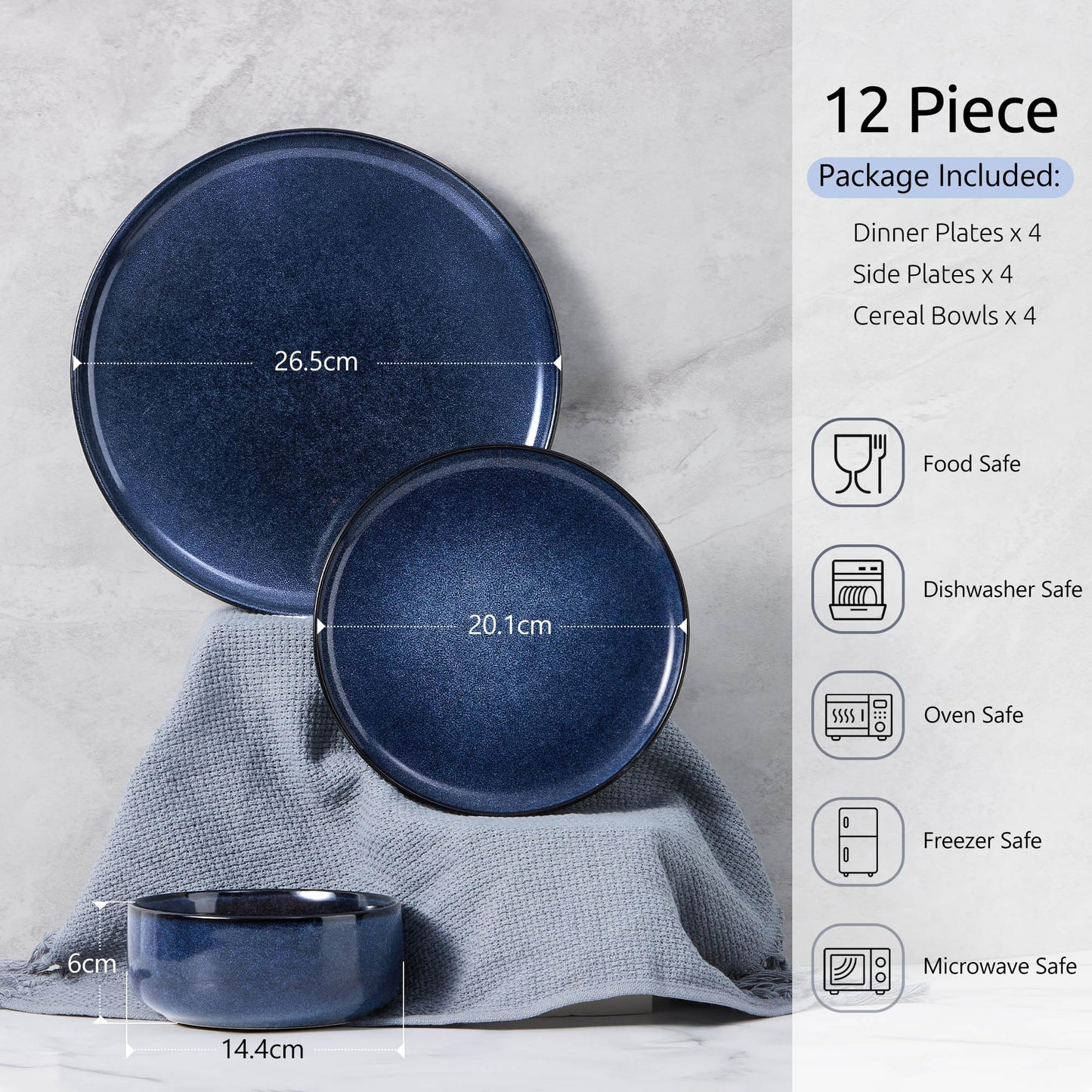 Homikit 12 Piece Dinner Set, Reactive Glaze Kitchen Dinnerware Sets for 4, Elegant Stoneware Included Plates and Bowls, Non-Scratch & Sturdy,