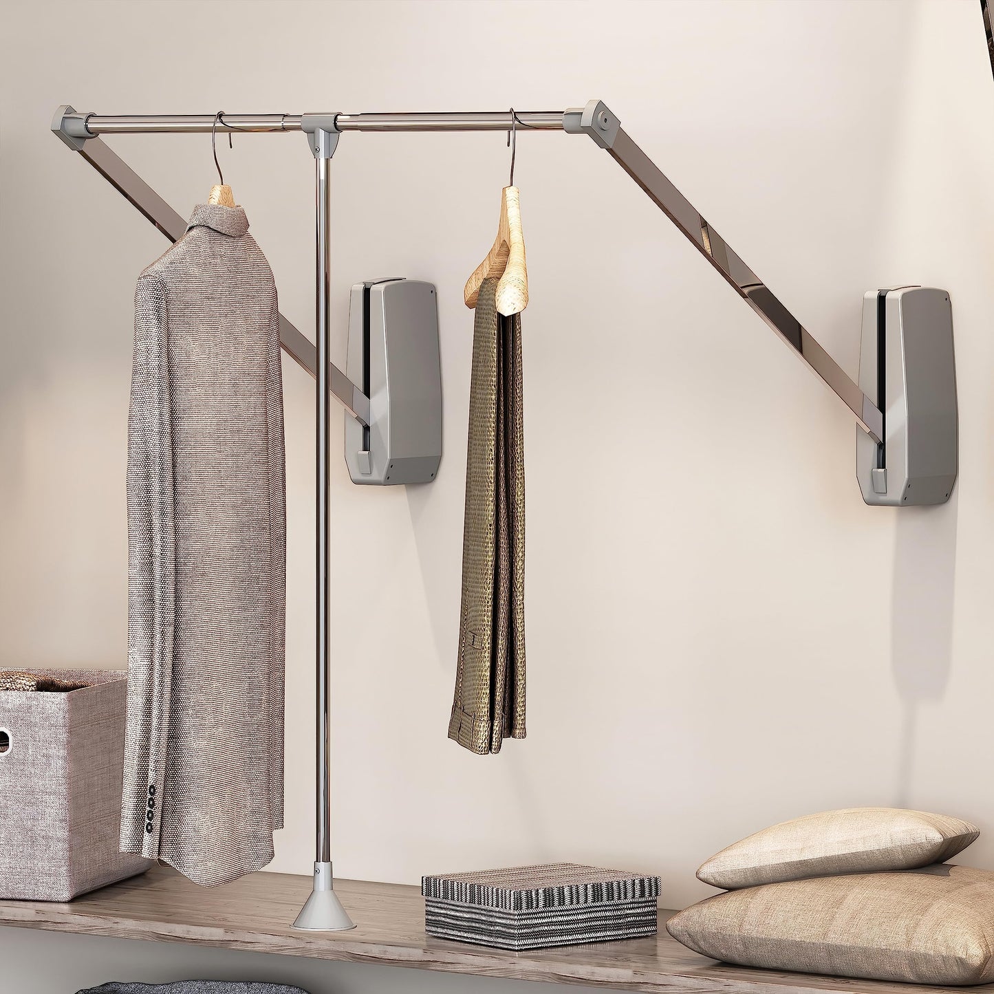 Emuca - Hang pull down wardrobe rail lift wall-mounted, pull down wardrobe rail lift, adjustable width 600-83mm (23,6-32,6 inch), Chrome plated, Steel