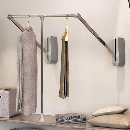 Emuca - Hang pull down wardrobe rail lift wall-mounted, pull down wardrobe rail lift, adjustable width 600-83mm (23,6-32,6 inch), Chrome plated, Steel