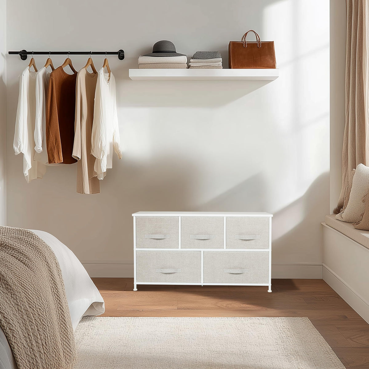 hjh LIVING Chest of drawers with 5 fabric drawers FOLDAR 100x30x55 cm Chest of drawers organizer, height-adjustable foot glides, metal frame, grey