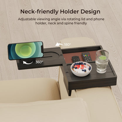 Wealone Black Couch Arm Tray with 2 Rotatable Tray, Adjustable Sofa Arm Clip Table with Storage Box & 360° Phone Holder
