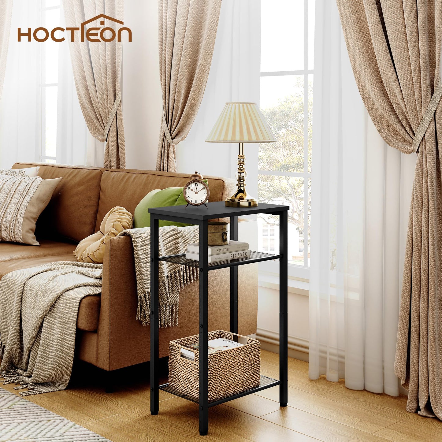 Hoctieon 2-Set 3 Tier End Table, Telephone Table Set of 2, Tall Side Table with Storage Set of 2, Small Nightstand for Small Spaces, Metal Frame