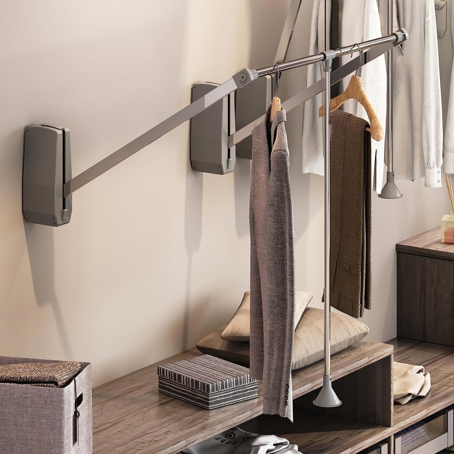 Emuca - Hang pull down wardrobe rail lift wall-mounted, pull down wardrobe rail lift, adjustable width 600-83mm (23,6-32,6 inch), Chrome plated, Steel