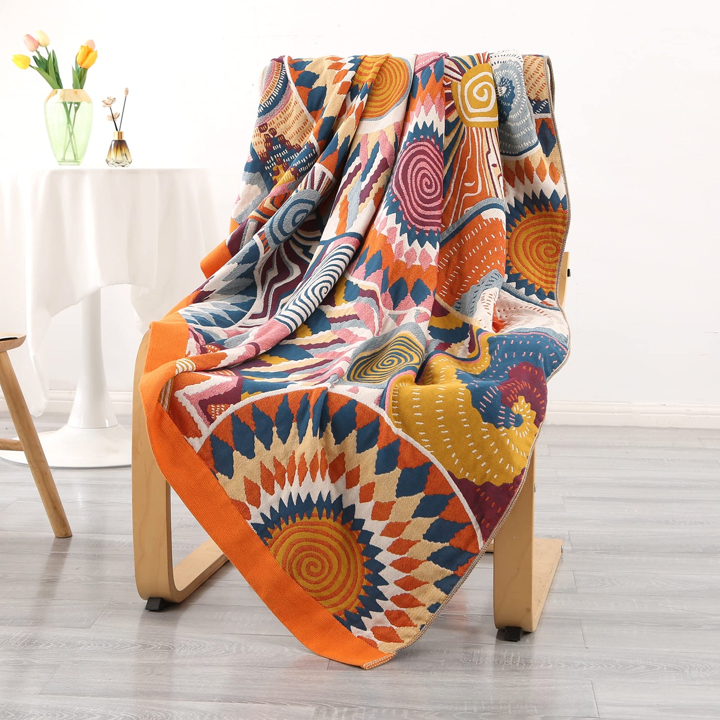 DECMAY Throws for Sofas Large, Boho Throw Blankets for 2 3 4 Seater Sofas and Double Bed Armchair Couch, Cotton Weighted Soft Furniture Throws(Ethnic