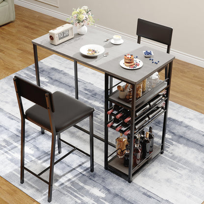 Techigher Bar Table Set, Dining Tables with 2 Upholstered Chairs, 3 Piece Counter Height Kitchen Table Set with 2-Tier Storage Shelves & 2 Wine Racks