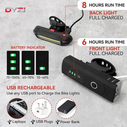 Dyzi Bike Lights - USB Rechargeable Ultra Bright Front & Back Bike Light Sets - 4 Light Modes With Daylight Sensor - Easy to Fit and Mount LED Bicycle Lights