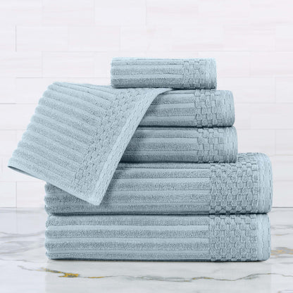 Superior Cotton 6-Piece Solid and Ribbed Towel Set, Face Towels 13” x 13”, Hand Towels 16” x 28”, Bath Towels 27” x 54”, Slate Blue
