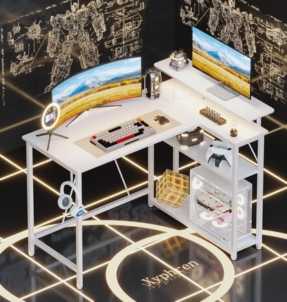 Xyphren L Shaped Gaming Desk with RGB LED Lights & Power Outlets,Corner Computer Desk with Adjustable Shelves