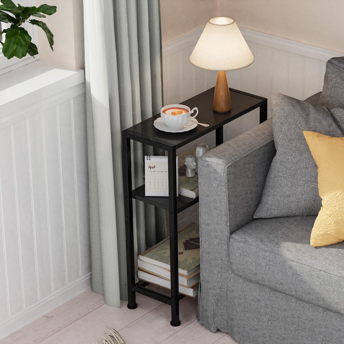 Vantimo Narrow Side Table, 3-Tier Small Shelving Unit, Slim Bedside Table for Small Space, Living Room, Bedroom, Sofa, Couch (Black)