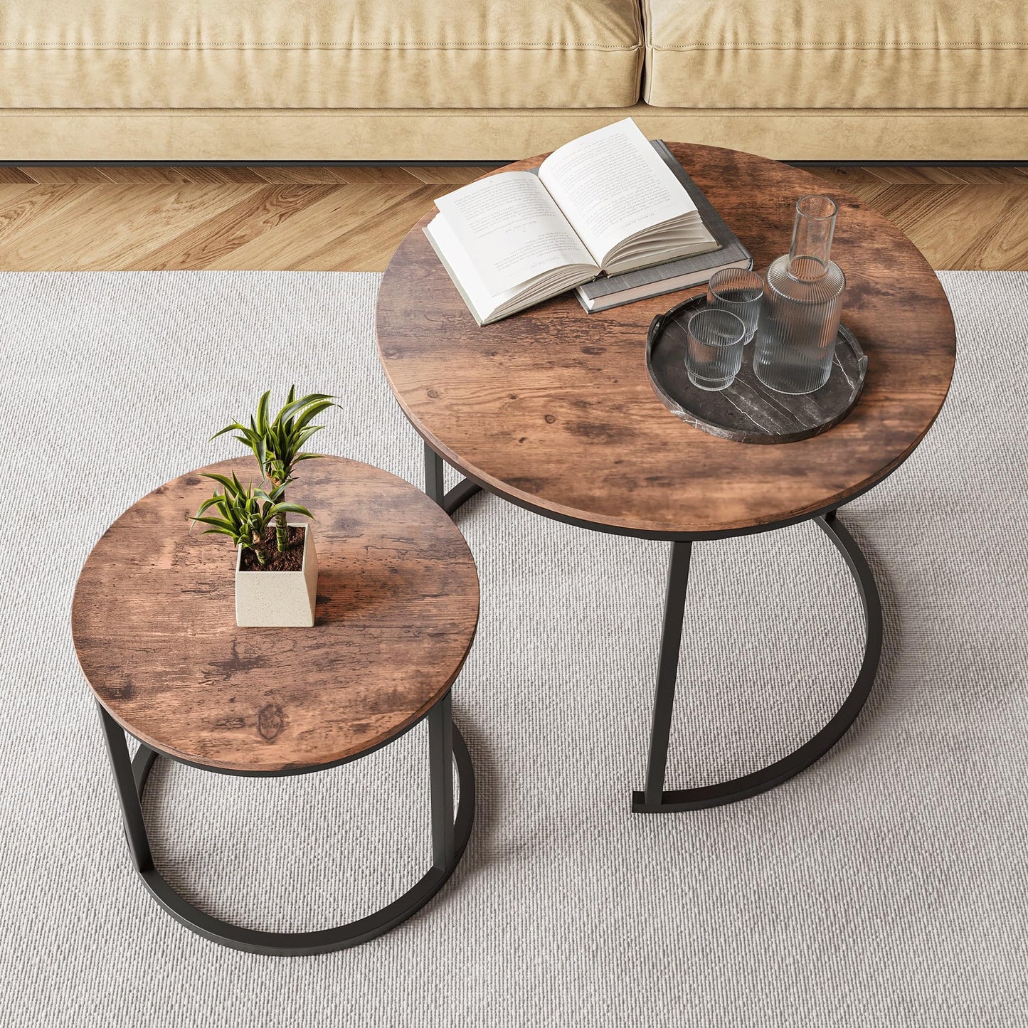 HOJINLINERO Small Round Nesting Coffee Table Set of 2 with Metal Frame and Wood Top, Modern Stacking Side Table for Living Room, Bedroom, Office