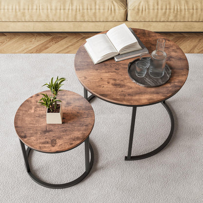 HOJINLINERO Small Round Nesting Coffee Table Set of 2 with Metal Frame and Wood Top, Modern Stacking Side Table for Living Room, Bedroom, Office