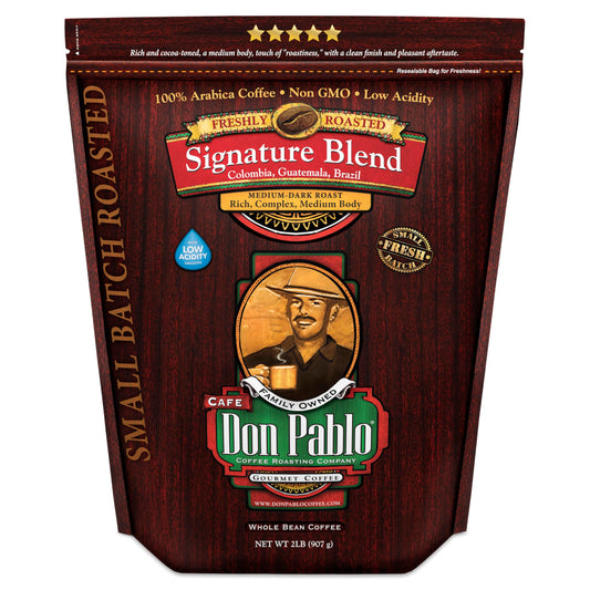 Don Pablo Signature Blend - Medium-Dark Roast Gourmet Coffee, 100% Arabica Whole Bean, Low Acidity, Non-GMO, 907g (2LB)