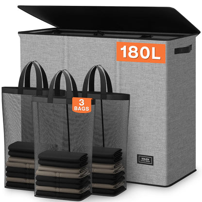 SOLEDI 180L Laundry Basket 3 Section, Extra Large Laundry Hamper with Lid, Dirty Clothes Hamper with Sturdy Handle, Large Laundry Basket Organizer for