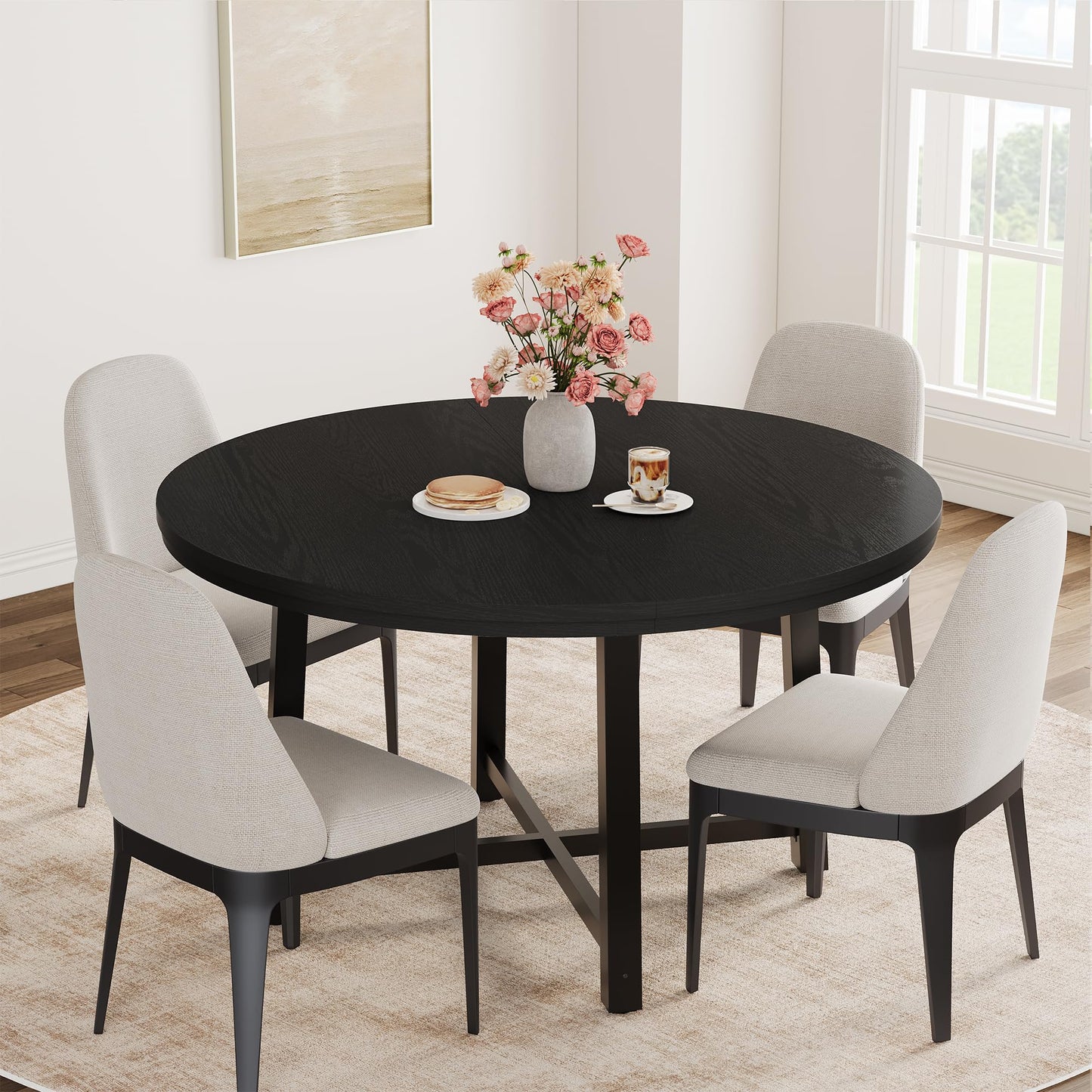 47 in Round Dining Table, Industrial Dinner Table for 4 to 6, Wooden Kitchen Table with Sturdy Metal Frame & Rustic Light Oak Finish