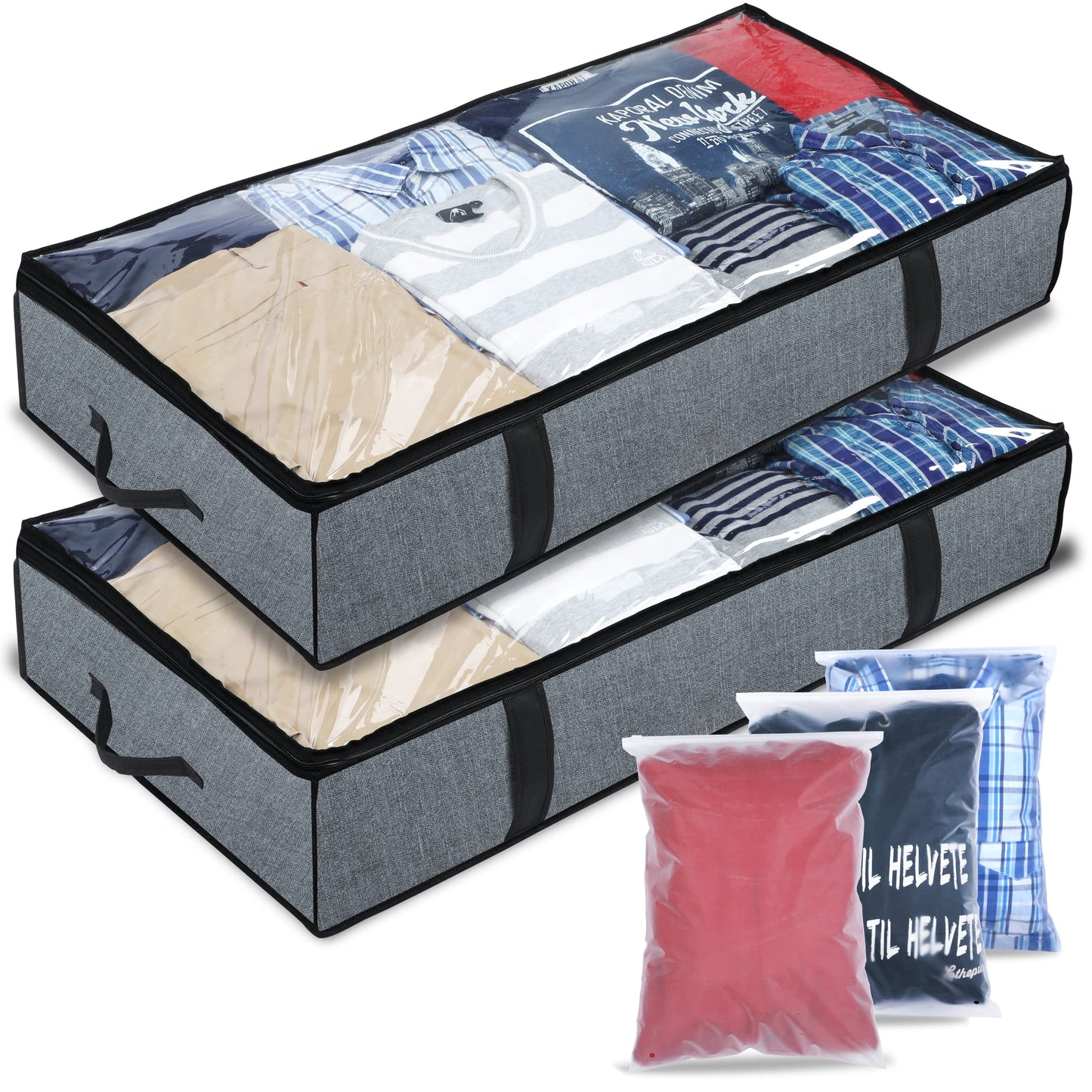 Mintry 90L underbed storage boxes- Pack of 2 Large under bed storage bag with 3x Bonus Large Zip lock Bags- Clothes storage boxes with lid & PVC