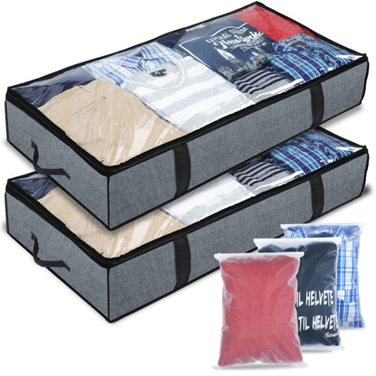 Mintry 90L underbed storage boxes- Pack of 2 Large under bed storage bag with 3x Bonus Large Zip lock Bags- Clothes storage boxes with lid & PVC