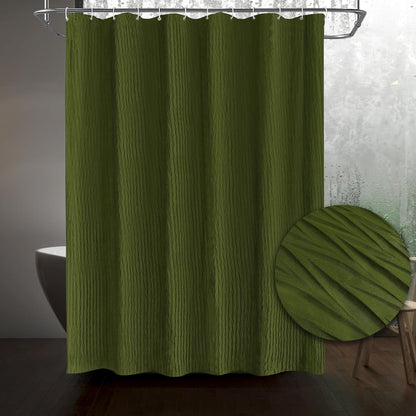 Tititex - Olive Green Crinkle Shower Curtain, Heavy Duty Textured Fabric 156 GSM Luxury Bathroom Decor for Hotel, Waterproof