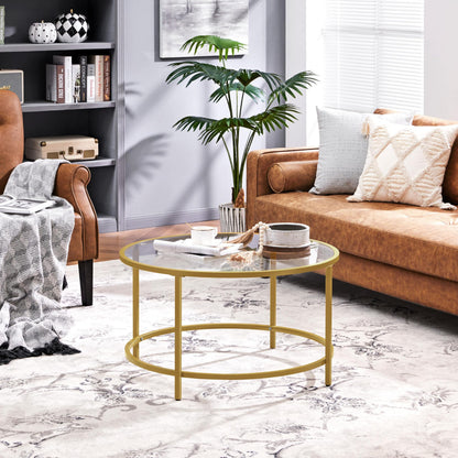 Yaheetech Round Coffee Table Tempered Glass Metal Structure Mustard Gold