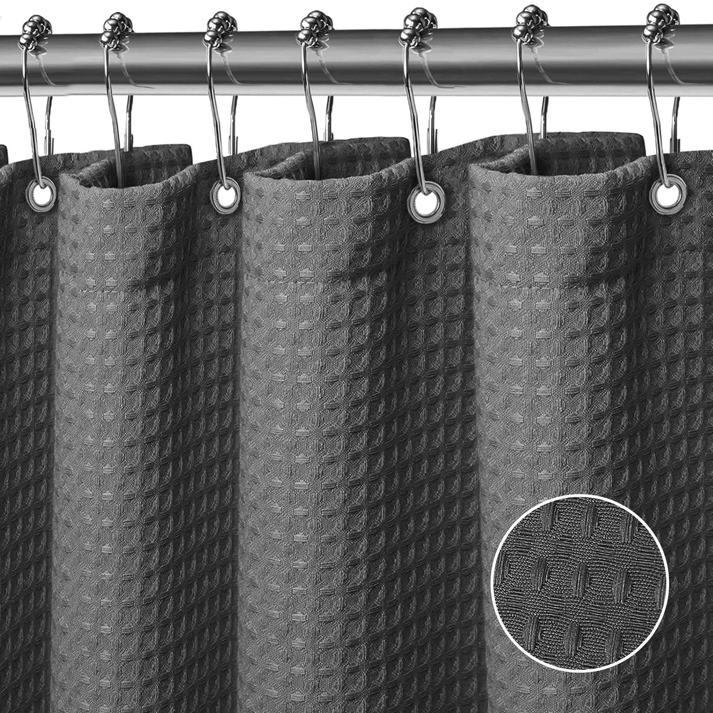 FIISAYL Shower Curtain for Bathroom, Weighted Hem, Waterproof and Anti Mould Resistant Waffle Fabric Curtains with 12 Hooks, Machine Washable
