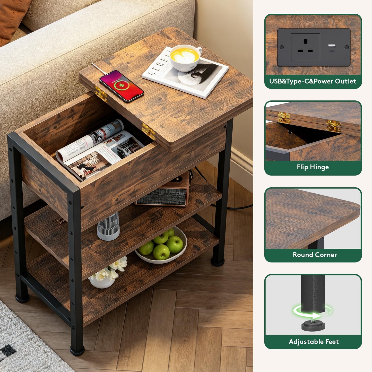 Side Table with Charging Station, Small Flip Top Narrow Sofa End Table