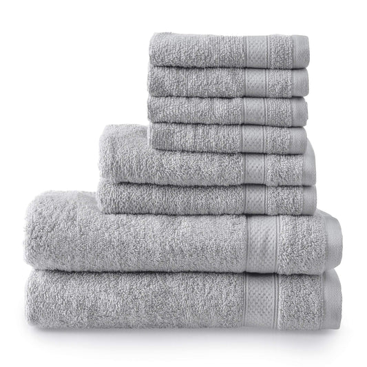 Welhome Basic 100% Cotton Towel (Silver) - 8 Piece Set - Quick Dry - Absorbent - Soft - 434 GSM - Machine Washable - 2 Bath - 2 Hand - 4 Wash Towels