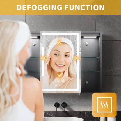 ELEGANT 800x600mm LED Bathroom Mirror Cabinet with Shaver Socket Black Mirrored Cabinet with Three-Color Infinitely Dimmable Wall Mounted Mirror
