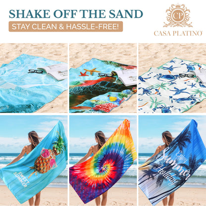 Casa Platino 6-Pack Oversized Microfiber Beach Towels – 71"x32" Sand-Free, Lightweight & Quick-Dry – Double-Sided Printed Pool, Travel