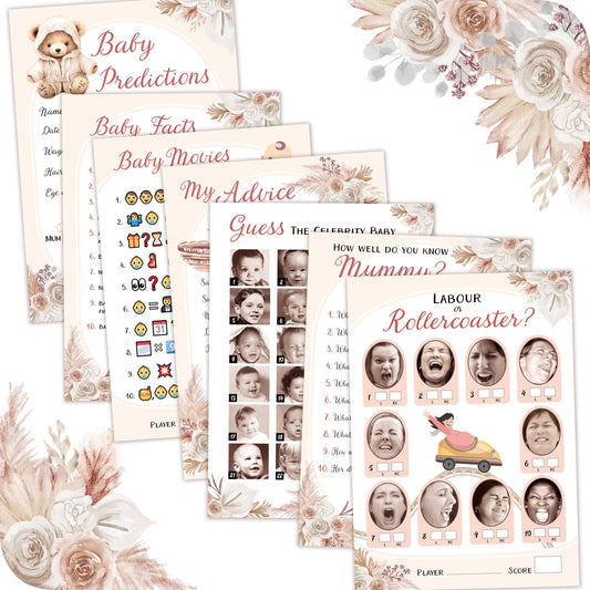 Baby Shower Games 7 Fun Games for 12 Guests, Baby Predictions, Guess The Celebrity, Labour or Rollercoaster, Baby Movie Emoji Game and More, Teddy
