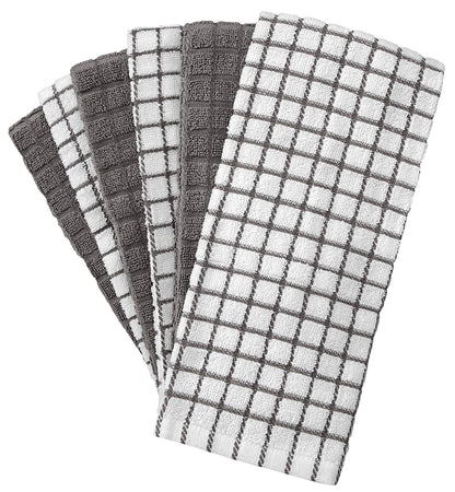 Bumble Kitchen Towels 16"x 28" | Highly Absorbent Dish Towels with Hanging Loop | Natural Ring Spun Cotton, 380 GSM | Gray Check Design - 6 Pack