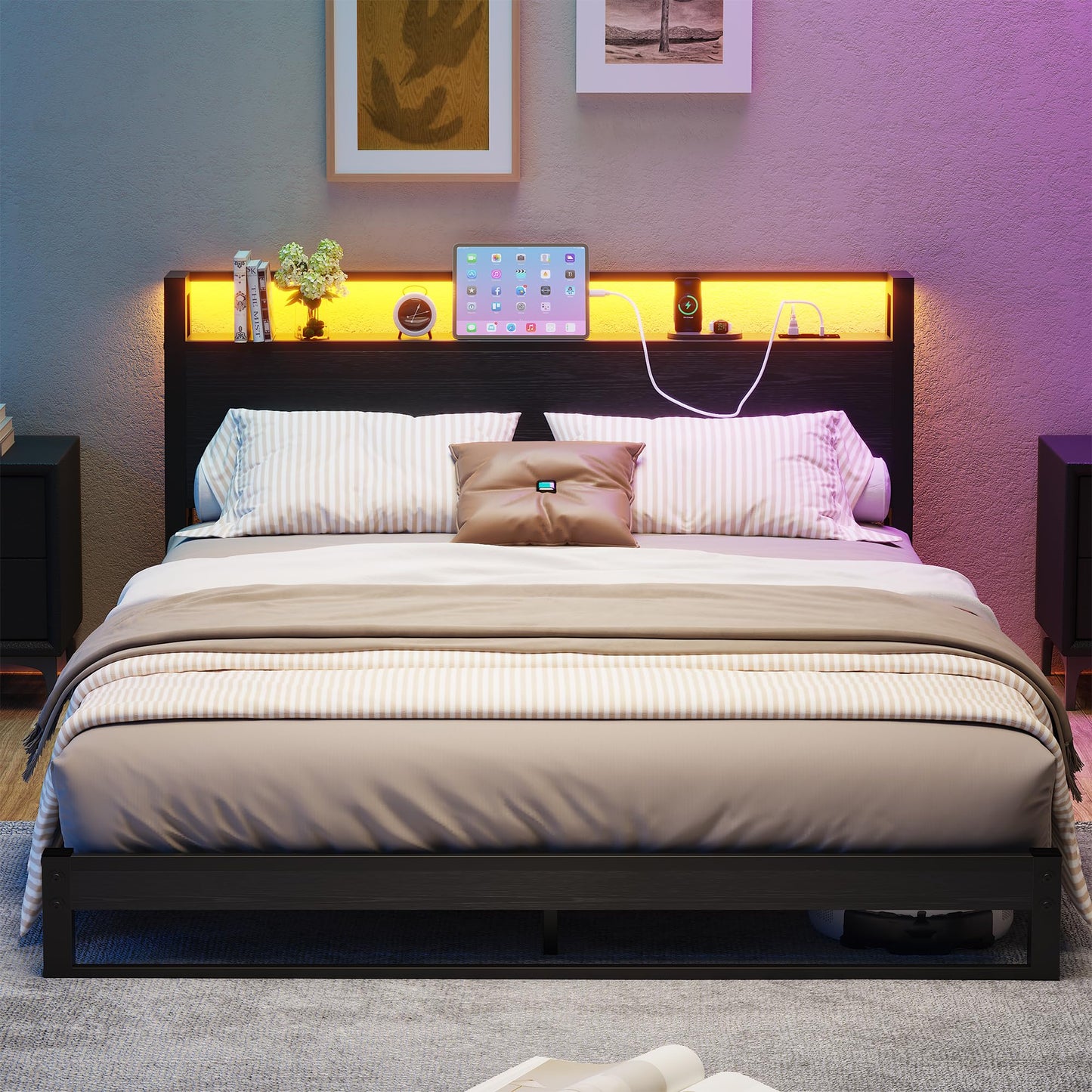 4ft6 Double Bed Frame with Ergonomic Storage Headboard,Metal Platform Low Bed Frame Double,Floor Bed Base with Charging Station and LED,Heavy Duty