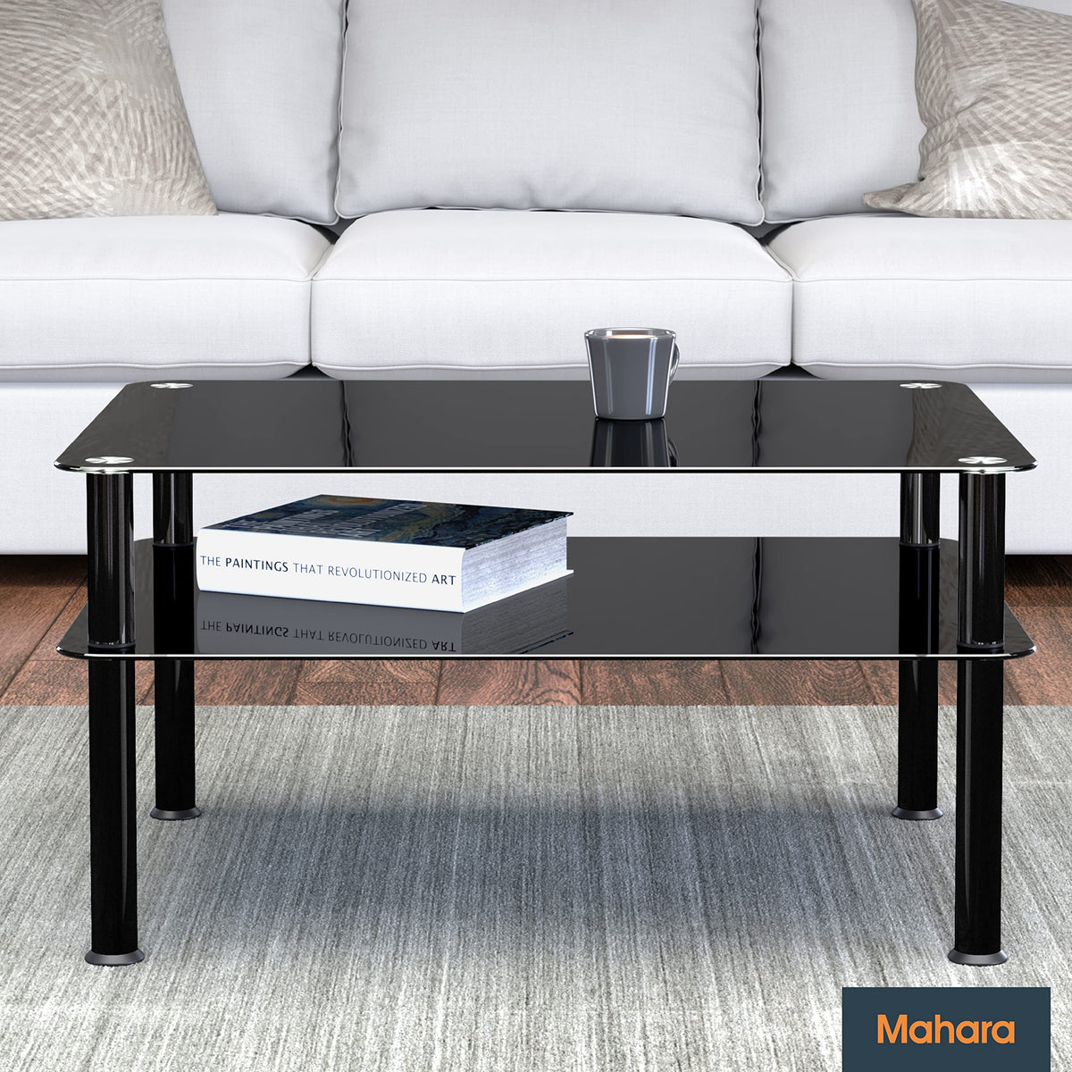 mahara Black Glass Coffee Table - Large side table with shelf and black aluminium legs - W80cm x D60cm x H41.5cm