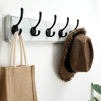 SKOLOO Farmhouse Style Wall Mounted Coat Rack, Pack of 2, Pine Solid Wood Coat Hook Hanger - 5 Hooks for Hanging Clothes Robes Towels Coats