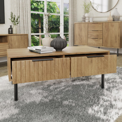 GFW Nervata Coffee Table, Oak Effect Coffee Table with 2 Drawers, Art Deco Style Living Room Table with Gold Accents and Wood Grain Texture