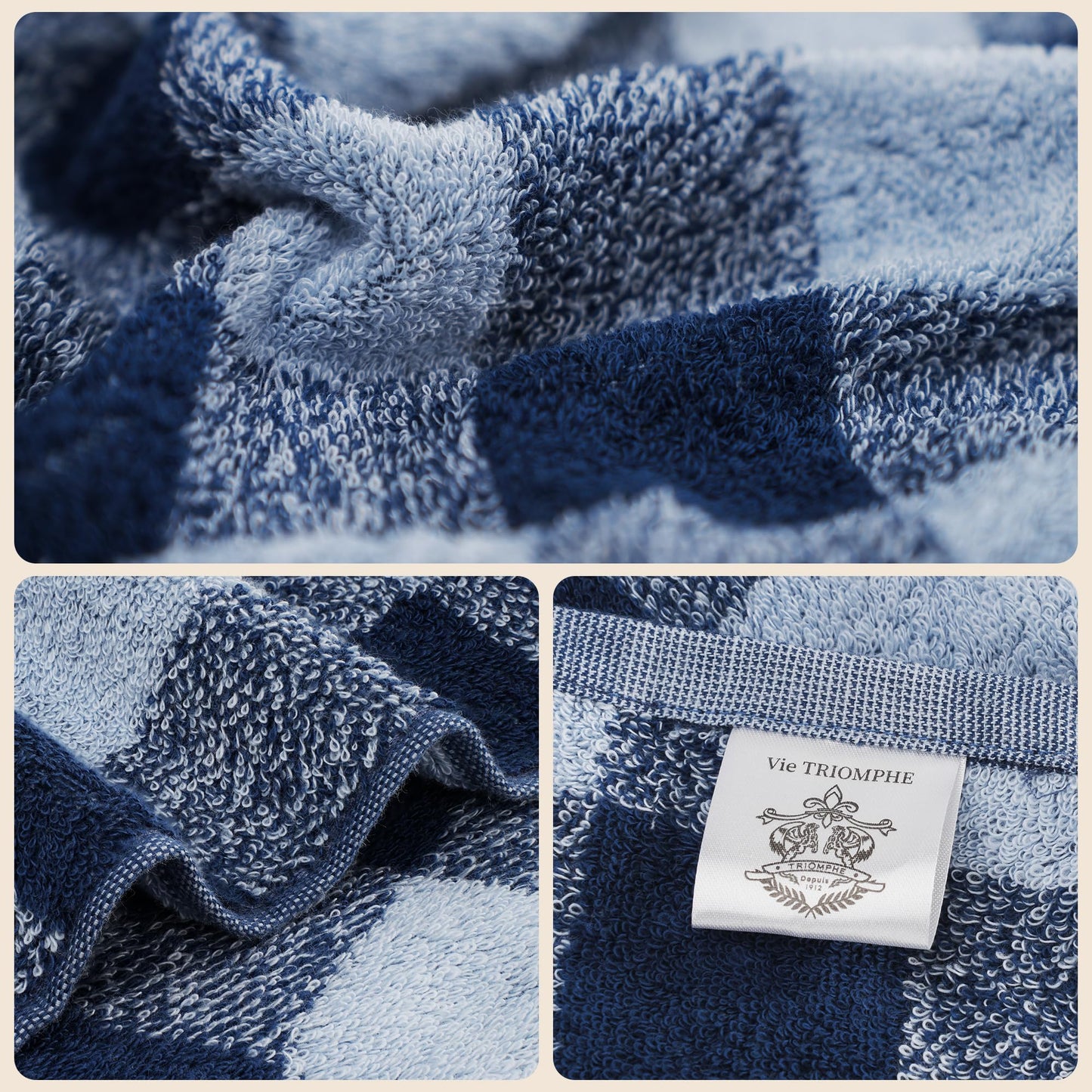 Vie TRIOMPHE 2-Pack 100% Cotton Hand Face Towels, Super Absorbent Quick Dry Crepe Check Design for Bathroom Kitchen Gym Spa Hotel&Guest Use