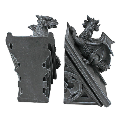 Design Toscano CL55773 Castle Dragon Gothic Decor Decorative Bookend Statues, 20.25 cm, Set of Two , Polyresin, Grey Stone