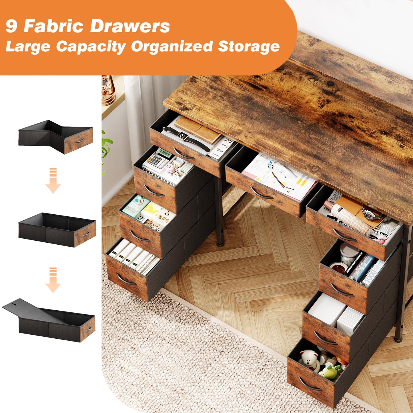 Flrrtenv Computer Desk with 9 Drawers & LED, 120cm Home Office Desk with Storage & Power Outlets USB Type-C