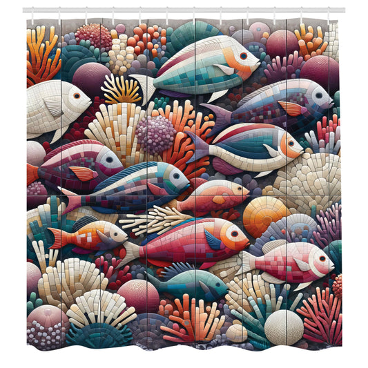 ABAKUHAUS Fish Shower Curtain, Mosaic Coral Undersea Life Art, Cloth Fabric Bathroom Decor Set with Hooks, 175 x 200 cm, Plum Orange Turquoise