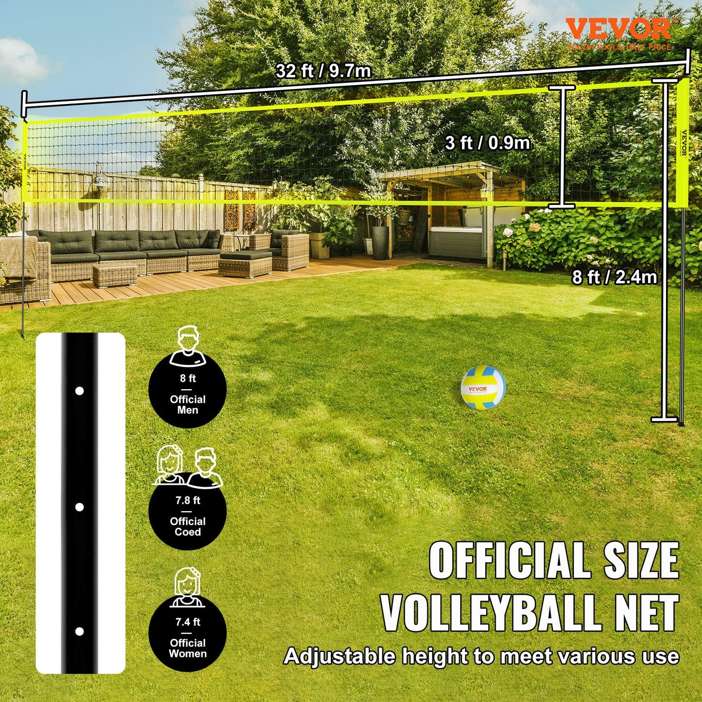 VEVOR Outdoor Portable Volleyball Net System, Adjustable Height Steel Poles, Professional Volleyball Set with PVC Volleyball, Pump, Carrying Bag,