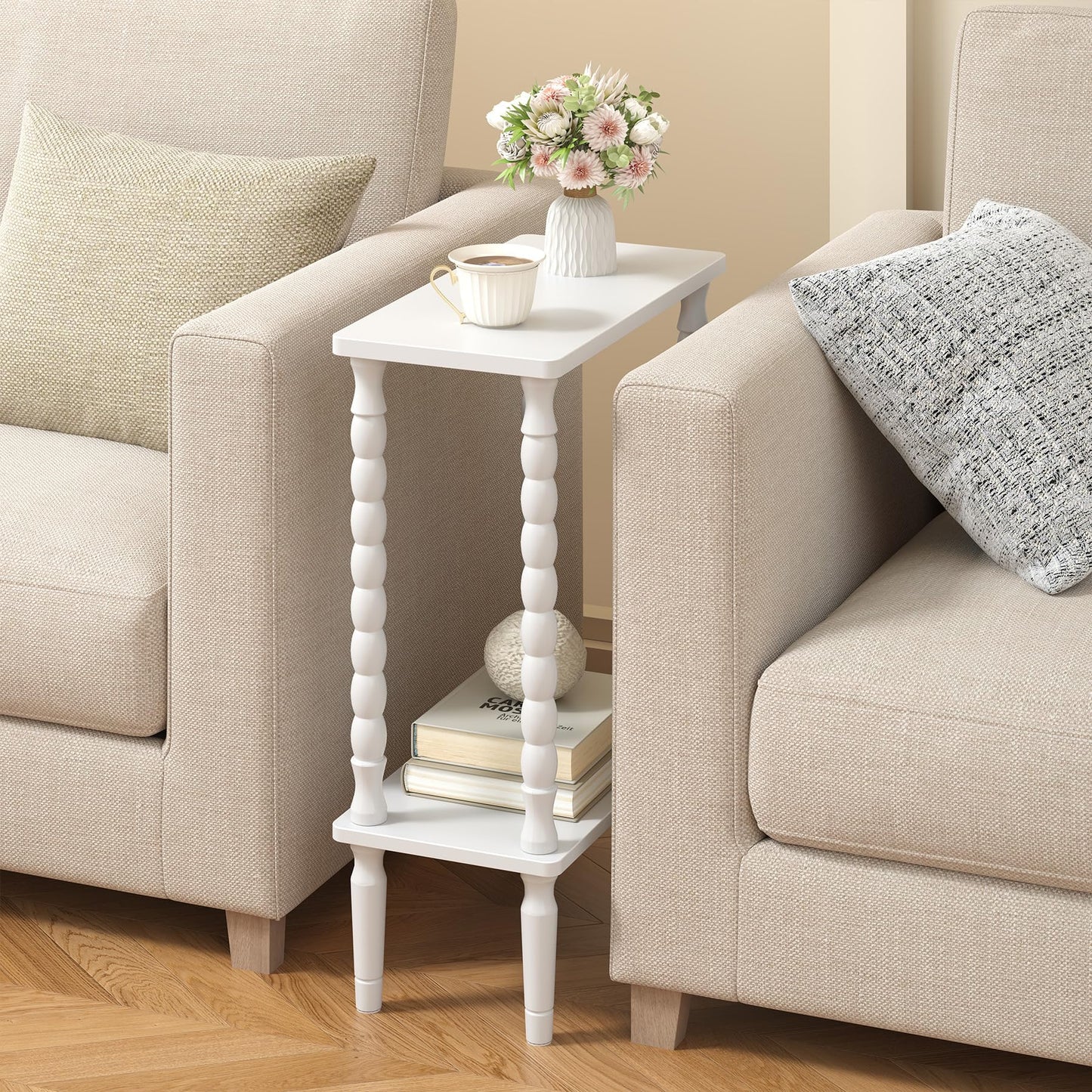 TUTOTAK Narrow Side Table, 2-Tier Small End Table with Storage, Slim Skinny Nightstand for Small Spaces, Living Room, Bedrooms, White TB01BW001EU