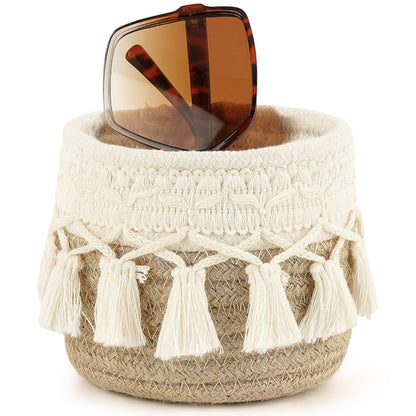 Linkidea Extra Large Sunglasses Desk Holder Stand Compatible with Extra Large Glasses, Brown Cotton Rope Eyewear Storage Desk Display Basket