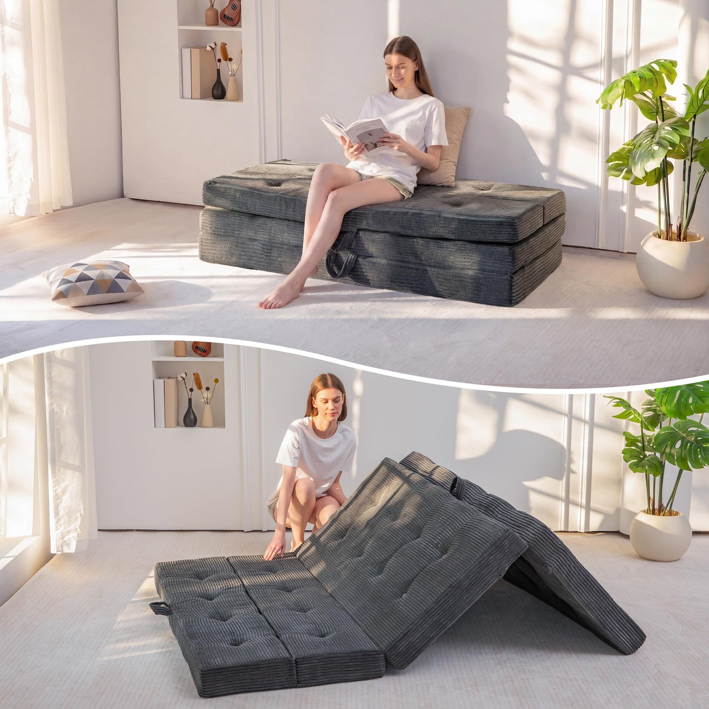 MAXYOYO Folding Mattress Single, Comfy Foldable Sofa Couch Bed, Guest Mattress with Handles Floor Futon Sofa Bed for Guest